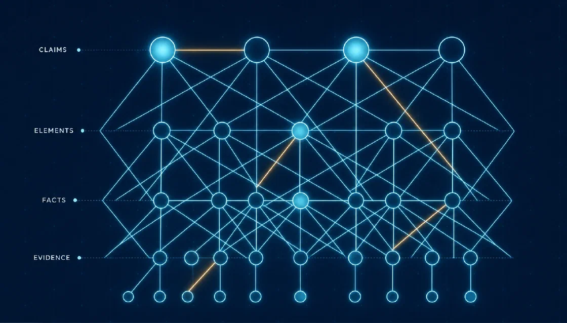 A network graph connecting claims, elements, facts, and evidence